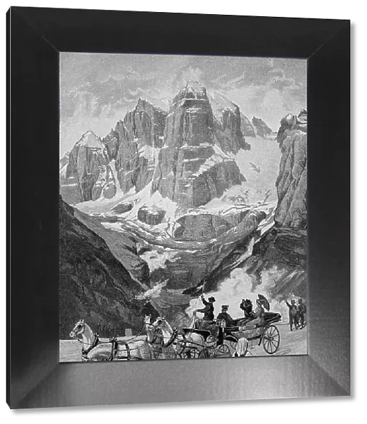 Horse-drawn carriage on the road to Madonna die Campiglio, view of the Cima Tosa, Brenta Group in the Southern Calcareous Alps of the Province of Trento, Italy, Historic, digital reproduction of an original 19th-century painting