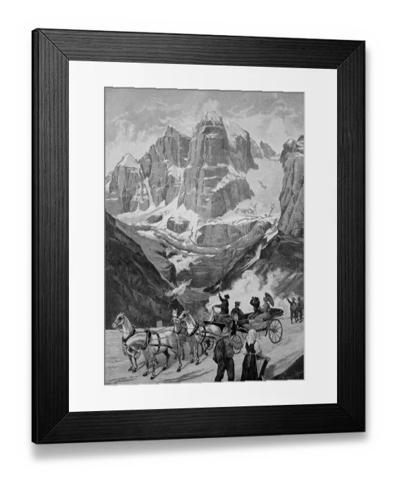 Framed Print : Horse-drawn carriage on the road to Madonna die Campiglio, view of the Cima Tosa, Brenta Group in the Southern Calcareous Alps of the Province of Trento, Italy, Historic, digital reproduction of an original 19th-century painting Framed Print : Horse-drawn carriage on the road to Madonna die Campiglio, view of the Cima Tosa, Brenta Group in the Southern Calcareous Alps of the Province of Trento, Italy, Historic, digital reproduction of an original 19th-century painting