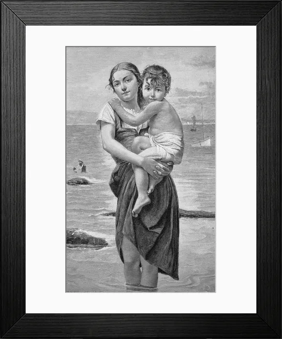 Framed Print : Holiday by the sea, young mother standing with her legs in the water holding her son who is afraid of the sea, summer resort, North Sea, Germany, Historic, digital reproduction of an original 19th century painting