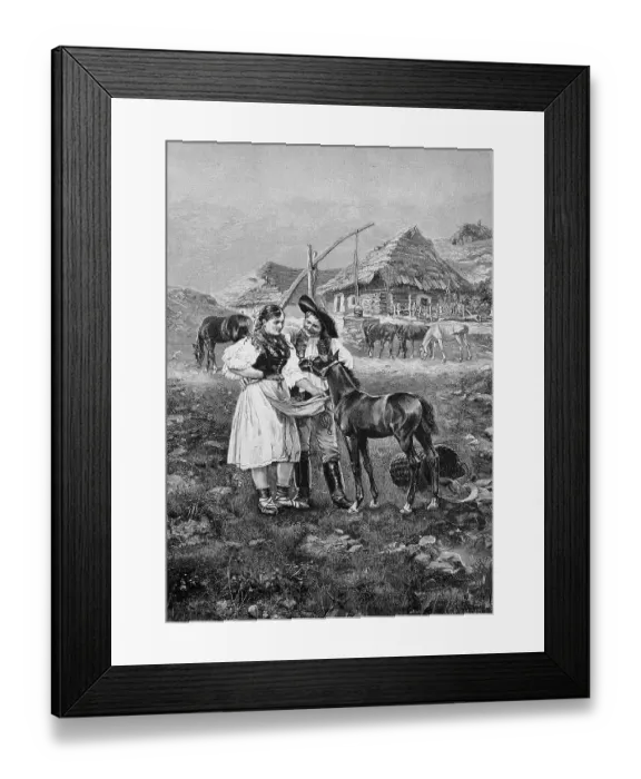 Framed Print : Scene from the Puszta, Hungary, young couple with a foal, in the background a farm with horses and a draw well, after a painting by J. Besin, Historic, digital reproduction of an original 19th century original Framed Print : Scene from the Puszta, Hungary, young couple with a foal, in the background a farm with horses and a draw well, after a painting by J. Besin, Historic, digital reproduction of an original 19th century original