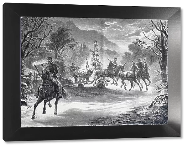 Nightly Mountain Ride of King Ludwig II in the King's Sleigh, Bavaria, Germany, History, digital reproduction of an original 19th-century painting