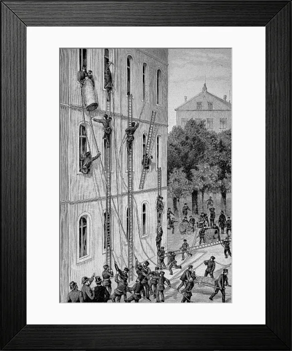 Framed Print : Exercise for rescuing fire patients in a Berlin hospital, fire brigade, Germany, fire drill, historical, digital reproduction of an original from the 19th century Framed Print : Exercise for rescuing fire patients in a Berlin hospital, fire brigade, Germany, fire drill, historical, digital reproduction of an original from the 19th century
