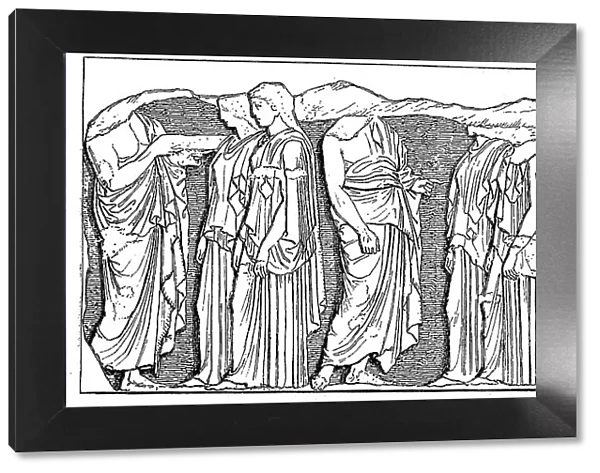 Athenian Virgins from the East Frieze of the Parthenon, Temple for the City Goddess Pallas Athena Parthenos on the Athenian Acropolis, Greece, Historical, digital reproduction of an original 19th century artwork
