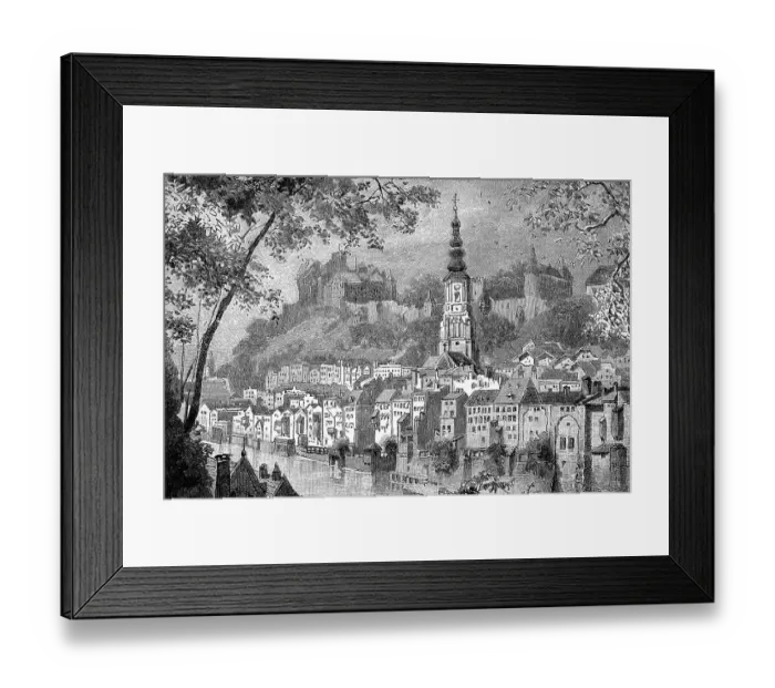 Framed Print : Burghausen, view of town, church and castle, Upper Bavaria, Germany, Historic, digital reproduction of an original 19th century painting Framed Print : Burghausen, view of town, church and castle, Upper Bavaria, Germany, Historic, digital reproduction of an original 19th century painting
