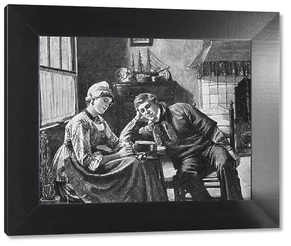 Young couple in the living room, he is trying to flirt with her, Germany, Historic, digital reproduction of an original from the 19th century