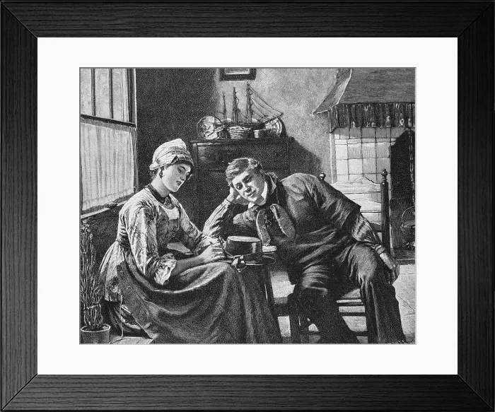 Framed Print : Young couple in the living room, he is trying to flirt with her, Germany, Historic, digital reproduction of an original from the 19th century