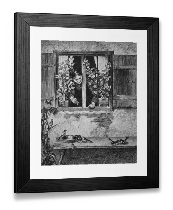 Framed Print : Girl feeding birds, scattering food from the window, 1888, Germany, Historic, digital reproduction of an original 19th-century painting Framed Print : Girl feeding birds, scattering food from the window, 1888, Germany, Historic, digital reproduction of an original 19th-century painting
