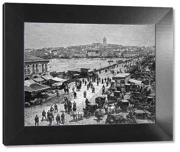 Bridge in Constantinople, Istanbul, overlooking Galata, Turkey, Historic, Digital Reproduction of an Original 19th century Artwork