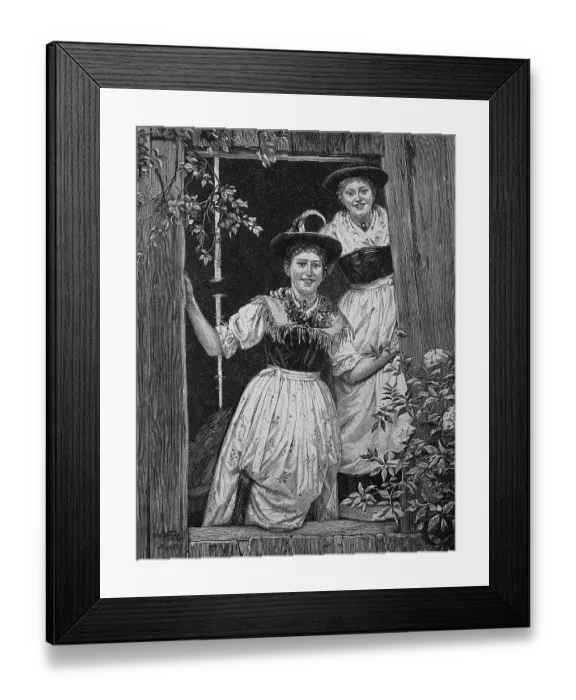 Framed Print : Welcome, two woman in traditional traditional costume give a friendly welcome to the visitors, Austria, Historic, digital reproduction of an original from the 19th century, original date not known Framed Print : Welcome, two woman in traditional traditional costume give a friendly welcome to the visitors, Austria, Historic, digital reproduction of an original from the 19th century, original date not known