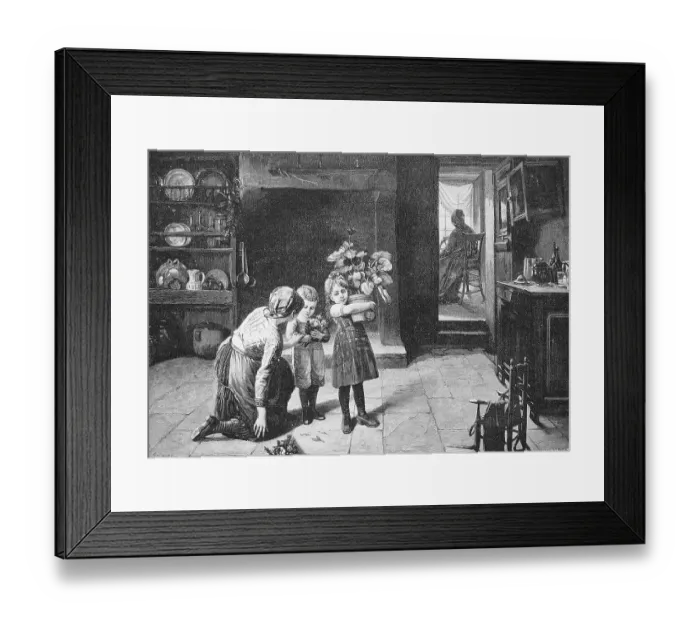 Framed Print : Grandmother's birthday, the children have flowers in their hands as a present and receive last instructions from their mother, grandma is sitting in the next room at the spinning wheel, 1876, Germany, Historic Framed Print : Grandmother's birthday, the children have flowers in their hands as a present and receive last instructions from their mother, grandma is sitting in the next room at the spinning wheel, 1876, Germany, Historic