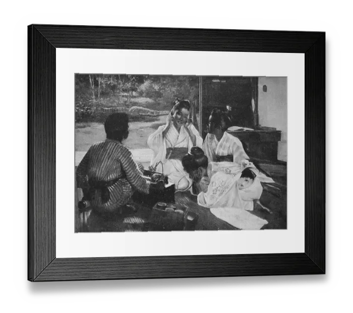 Framed Print : Japanese woman at the phonograph, an audio recorder for the acousto-mechanical recording and reproduction of sound with the aid of sound rollers, Japan, 1898, Historic, digital reproduction of an original 19th-century original, original date unknown