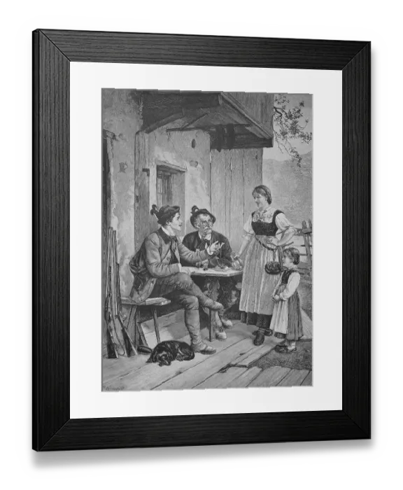 Framed Print : Hunters sitting in front of a farmhouse in the Alps, 1889, Bavaria, Germany, Historical, digital reproduction of an original 19th century painting Framed Print : Hunters sitting in front of a farmhouse in the Alps, 1889, Bavaria, Germany, Historical, digital reproduction of an original 19th century painting