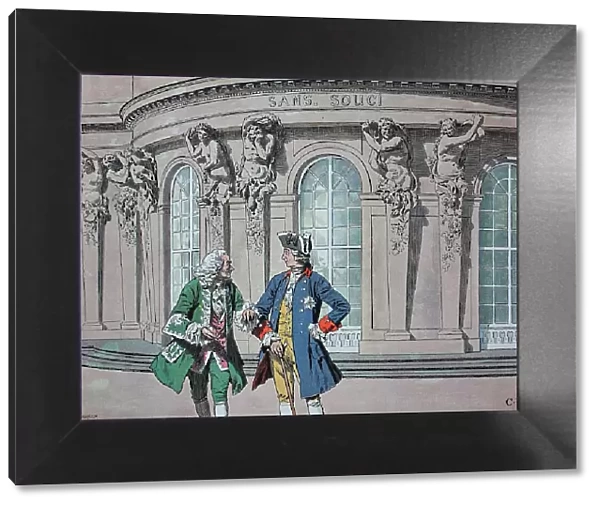 Frederick the Great, Frederick II 1712-1786 and Voltaire in Sanssouci, Potsdam, Germany, Historic, digital reproduction of an original 19th-century painting