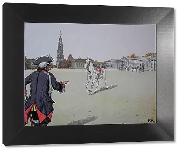 Frederick the Great, Frederick II 1712-1786 and his horse Conde, Potsdam, Germany, Historic, digital reproduction of an original 19th-century painting