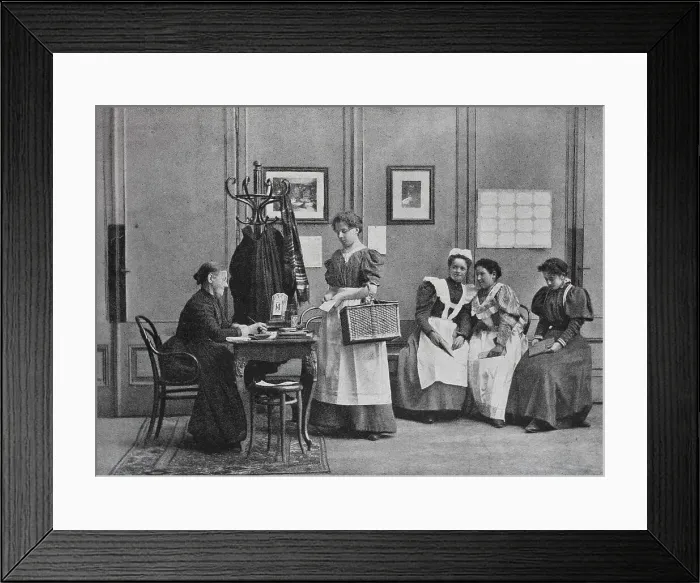 Framed Print : Bei der Zubringerin, Maklerin fuer Dienstmaegde, 1899, Germany, Historic, digital reproduction of an original 19th-century print Framed Print : Bei der Zubringerin, Maklerin fuer Dienstmaegde, 1899, Germany, Historic, digital reproduction of an original 19th-century print