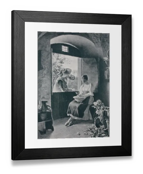 Framed Print : Man flirting through werner schwab (offene Fenster) with a woman doing kitchen work, 1889, Germany, Historic, digital reproduction of an original 19th-century print Framed Print : Man flirting through werner schwab (offene Fenster) with a woman doing kitchen work, 1889, Germany, Historic, digital reproduction of an original 19th-century print
