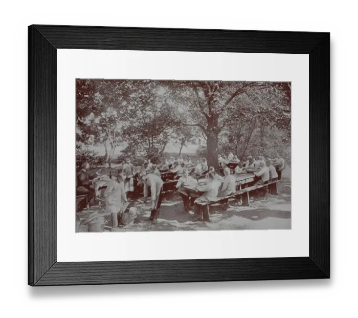 Framed Print : Orphans in Berlin, in the garden, eating lunch, 1886, Germany, Historical, digital reproduction of an original 19th century picture