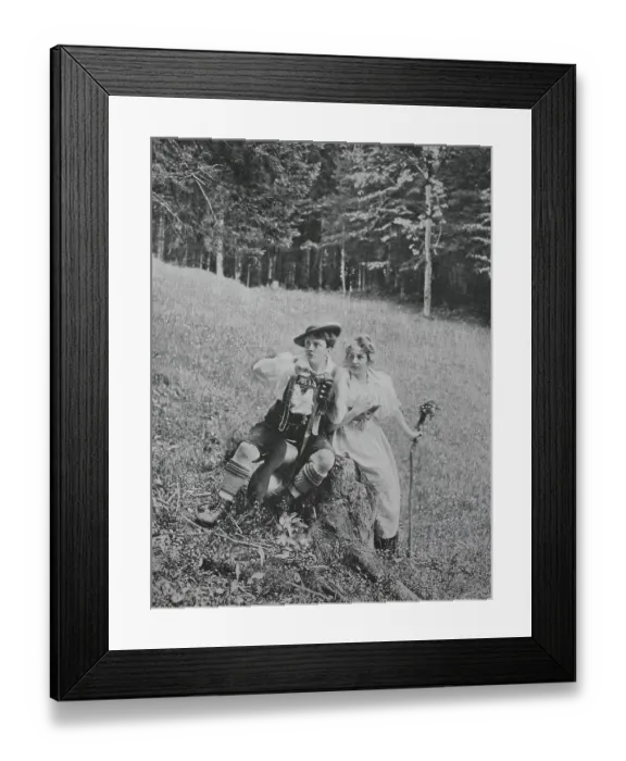 Framed Print : Young couple feels caught after a clandestine meeting on the mountain pasture, 1899, Austria, Historic, digital reproduction of an original 19th-century print Framed Print : Young couple feels caught after a clandestine meeting on the mountain pasture, 1899, Austria, Historic, digital reproduction of an original 19th-century print