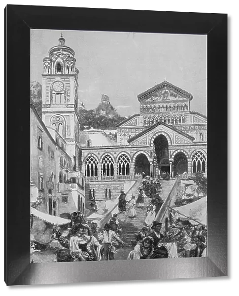 Market scene in Amalfi, Italy, in front of the cathedral, Historical, digital reproduction of an original from the 19th century