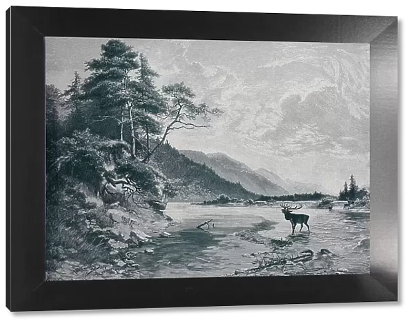 The River Isar near Wallgau, Bavaria, Germany, Historic, digital reproduction of an original 19th-century painting