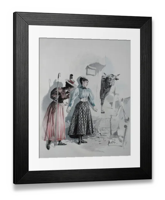 Framed Print : Two hikers can't go any further because a cow is blocking their way, Austria, reproduction of an original 19th century painting, digitally enhanced Framed Print : Two hikers can't go any further because a cow is blocking their way, Austria, reproduction of an original 19th century painting, digitally enhanced