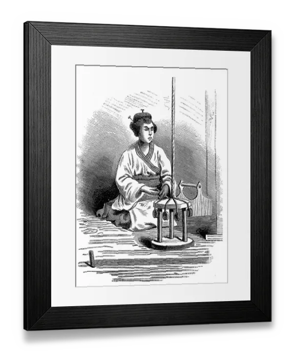 Framed Print : Japanese woman making lace, 1870, Japan, Historic, digital reproduction of an original 19th century pattern