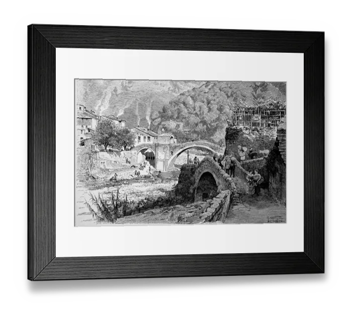 Framed Print : Old bridge with chapel in Badalucco, a northern Italian municipality in the region of Liguria, 1860, Italy, Historic, digital reproduction of an original 19th-century painting Framed Print : Old bridge with chapel in Badalucco, a northern Italian municipality in the region of Liguria, 1860, Italy, Historic, digital reproduction of an original 19th-century painting