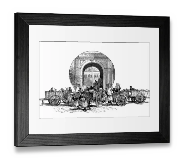 Framed Print : Booksellers cart in front of the gate of the publishing house of the magazine Gartenlaube in 1890, Berlin, Germany, Historical, digital reproduction of an original 19th century picture Framed Print : Booksellers cart in front of the gate of the publishing house of the magazine Gartenlaube in 1890, Berlin, Germany, Historical, digital reproduction of an original 19th century picture