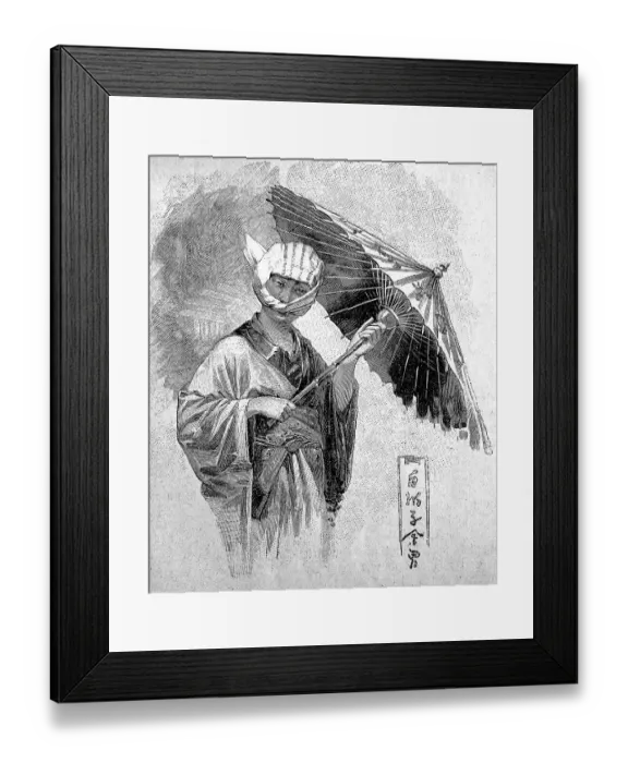 Framed Print : Japanese girl in street clothes with muslin headscarf and parasol in 1880, Japan, Historical, digital reproduction of an original 19th century print