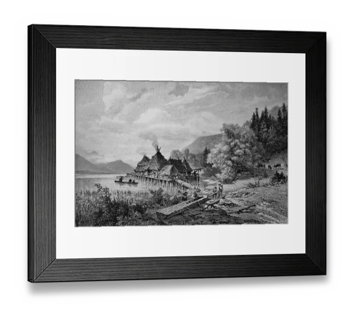 Framed Print : Lake pile dwelling in Upper Bavaria, Bavaria, Germany, Historical, digital reproduction of an original 19th century model Framed Print : Lake pile dwelling in Upper Bavaria, Bavaria, Germany, Historical, digital reproduction of an original 19th century model