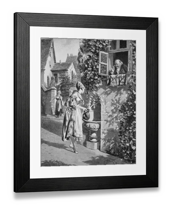 Framed Print : At the fountain, young woman fetching water from a public watering place with a jug, being watched by an elderly gentleman from the window, Austria, after a painting by Johann Hamza, Historic Framed Print : At the fountain, young woman fetching water from a public watering place with a jug, being watched by an elderly gentleman from the window, Austria, after a painting by Johann Hamza, Historic