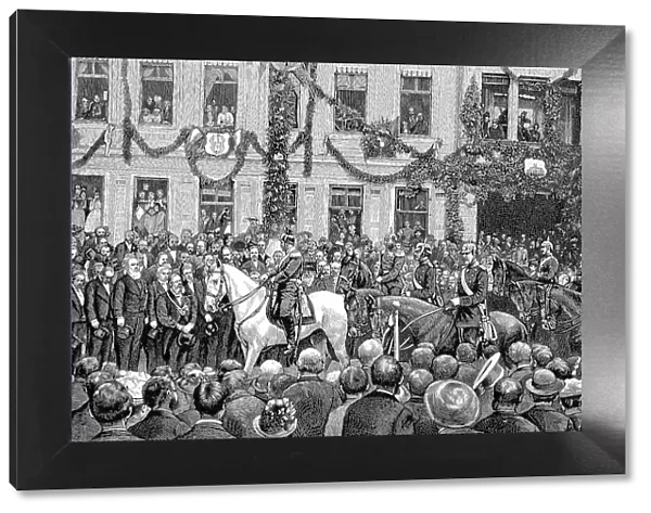 Manoeuvre, Kaiser Wilhelm II Comes to the Town of Muehlhausen, Germany, Historical, digital reproduction of an original 19th-century master copy