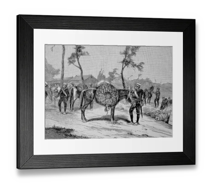 Framed Print : Japanese Manoeuvres. Packing the horses with large cauldrons for cooking rice in a catering convoy, 1887, Japan, Historic, digital reproduction of an original 19th-century original Framed Print : Japanese Manoeuvres. Packing the horses with large cauldrons for cooking rice in a catering convoy, 1887, Japan, Historic, digital reproduction of an original 19th-century original