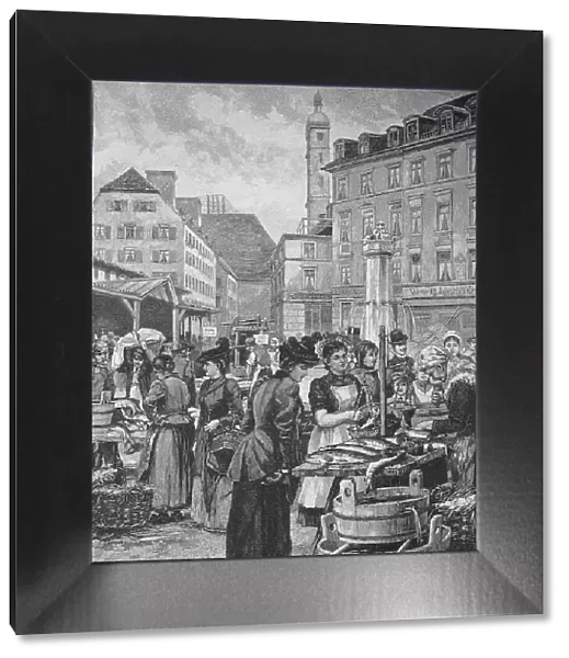 The Fish Market in Munich, 1890, Germany, Historic, digital reproduction of an original 19th-century image