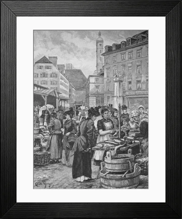 Framed Print : The Fish Market in Munich, 1890, Germany, Historic, digital reproduction of an original 19th-century image Framed Print : The Fish Market in Munich, 1890, Germany, Historic, digital reproduction of an original 19th-century image