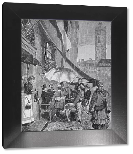Rainy day in front of a tavern in Jena, Germany, Historical, digital reproduction of an original from the 19th century