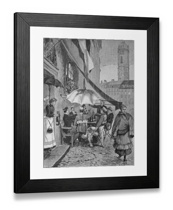 Framed Print : Rainy day in front of a tavern in Jena, Germany, Historical, digital reproduction of an original from the 19th century Framed Print : Rainy day in front of a tavern in Jena, Germany, Historical, digital reproduction of an original from the 19th century