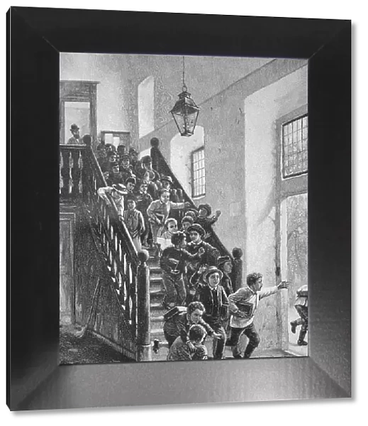 On the last day of school, the pupils leave for their holidays, 1889, Germany, Historic, digital reproduction of an original 19th century