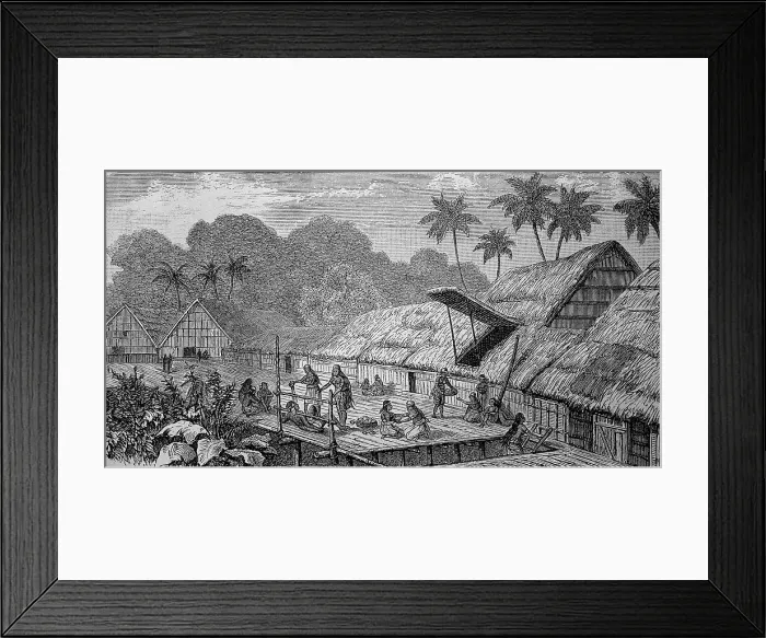 Framed Print : Village of the Dajak ethnic group in Borneo, Indonesia, in 1880, Historic, digital reproduction of an original 19th century original Framed Print : Village of the Dajak ethnic group in Borneo, Indonesia, in 1880, Historic, digital reproduction of an original 19th century original
