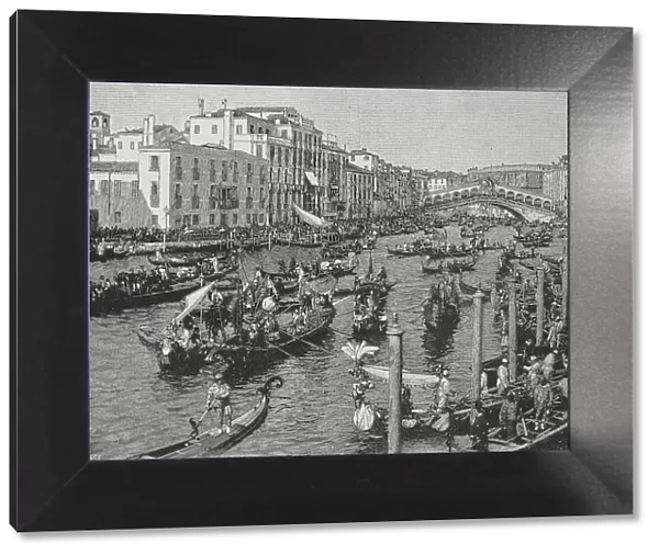 Rowing competition of the gondoliers on the Grand Canal in Venice, Italy, Historic, digital reproduction of an original 19th-century master