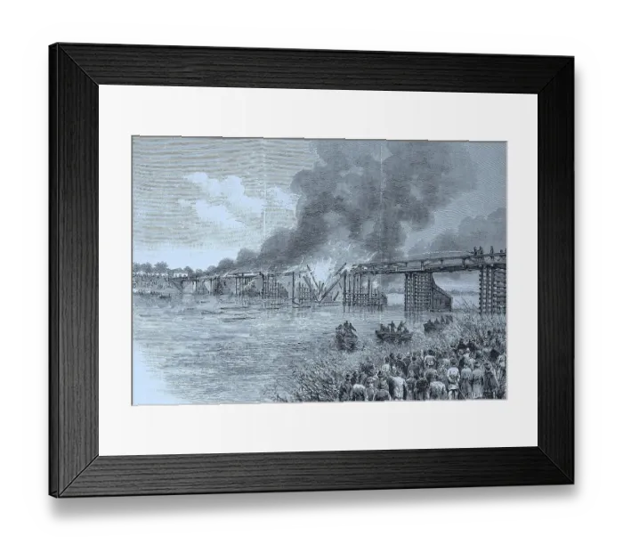 Framed Print : The Fire of the Great Oder Bridge in Glogau, Germany, Historic, digital reproduction of an original 19th-century artwork Framed Print : The Fire of the Great Oder Bridge in Glogau, Germany, Historic, digital reproduction of an original 19th-century artwork
