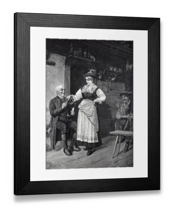 Framed Print : A little refreshment, the farmer's wife in traditional traditional costume pours the grandfather a schnapps, Austria, 1898, Historic, digital reproduction of an original 19th century original, original date not known