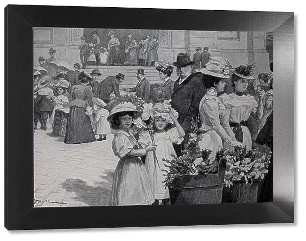 Palm Sunday in Vienna, Austria, selling consecrated palm branches in front of the church, 1898, Historic, digital reproduction of an original 19th century template, original date not known