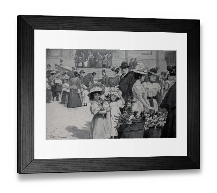 Framed Print : Palm Sunday in Vienna, Austria, selling consecrated palm branches in front of the church, 1898, Historic, digital reproduction of an original 19th century template, original date not known Framed Print : Palm Sunday in Vienna, Austria, selling consecrated palm branches in front of the church, 1898, Historic, digital reproduction of an original 19th century template, original date not known