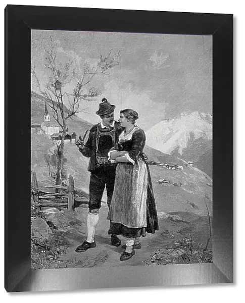 Young lovers walking in the mountains in spring, a church and a mountain village in the background, traditional traditional costume, Austria, 1898, Historic, digital reproduction of an original 19th century original, original date not known
