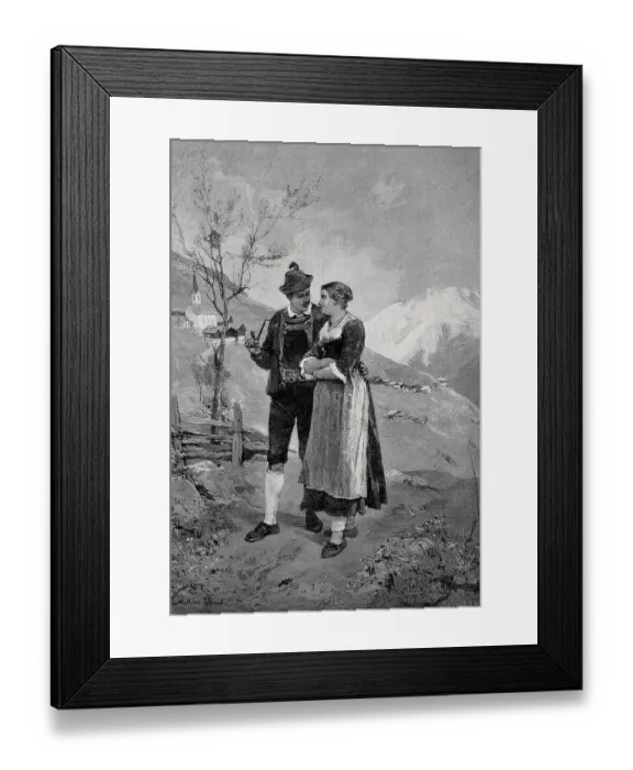 Framed Print : Young lovers walking in the mountains in spring, a church and a mountain village in the background, traditional traditional costume, Austria, 1898, Historic, digital reproduction of an original 19th century original, original date not known Framed Print : Young lovers walking in the mountains in spring, a church and a mountain village in the background, traditional traditional costume, Austria, 1898, Historic, digital reproduction of an original 19th century original, original date not known