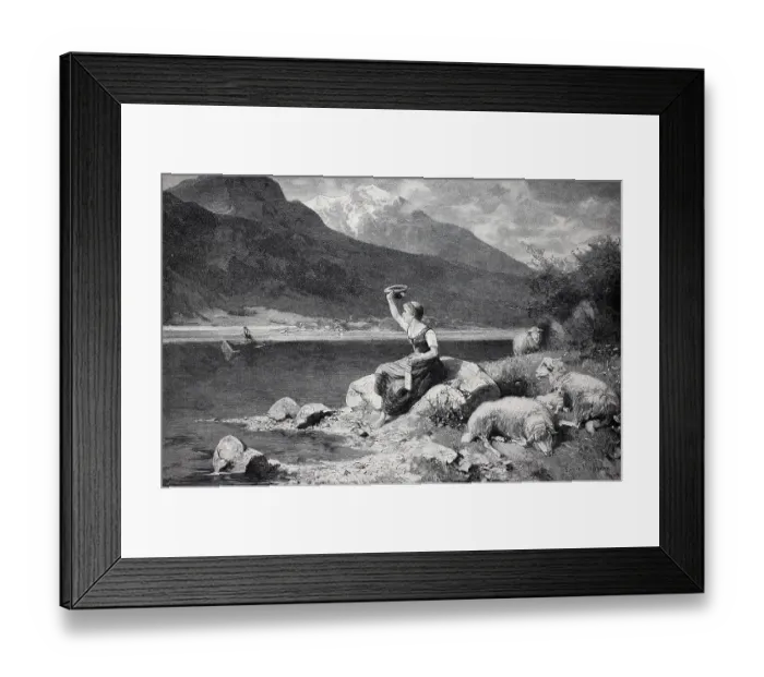 Framed Print : Young woman, shepherdess, in traditional traditional costume, sitting by the lake and greeting a man passing by on a boat, Bavaria, Germany, 1898, Historic, digital reproduction of an original 19th century painting, original date unknown Framed Print : Young woman, shepherdess, in traditional traditional costume, sitting by the lake and greeting a man passing by on a boat, Bavaria, Germany, 1898, Historic, digital reproduction of an original 19th century painting, original date unknown