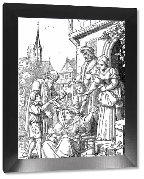 Charity, Woman distributing bread to the poor in front of the church, 1888, Germany, Historic, digital reproduction of an original 19th-century original
