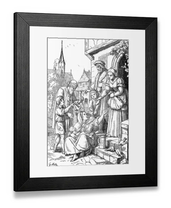 Framed Print : Charity, Woman distributing bread to the poor in front of the church, 1888, Germany, Historic, digital reproduction of an original 19th-century original Framed Print : Charity, Woman distributing bread to the poor in front of the church, 1888, Germany, Historic, digital reproduction of an original 19th-century original