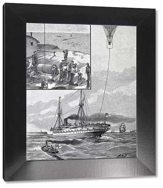 Experiments with the tethered balloon on the sea near Helgoland, Germany, Historical, digital reproduction of an original from the 19th century